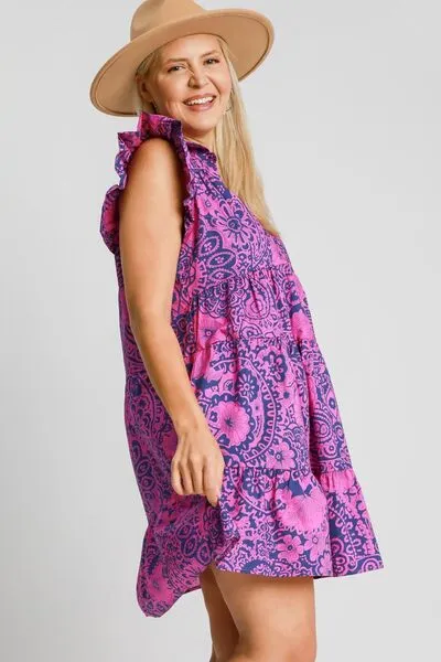 Umgee Navy & Pink Printed Ruffle Cap Sleeve Babydoll Dress