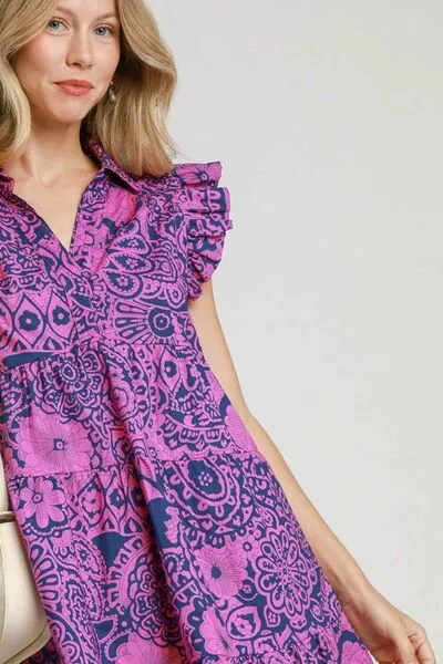 Umgee Navy & Pink Printed Ruffle Cap Sleeve Babydoll Dress