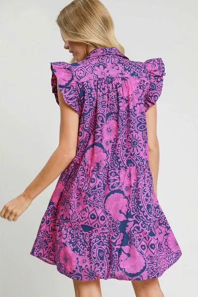 Umgee Navy & Pink Printed Ruffle Cap Sleeve Babydoll Dress