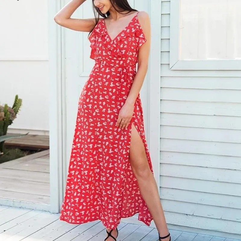 V Neck Ruffle Floral Print Summer Backless Dress