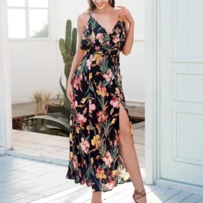 V Neck Ruffle Floral Print Summer Backless Dress