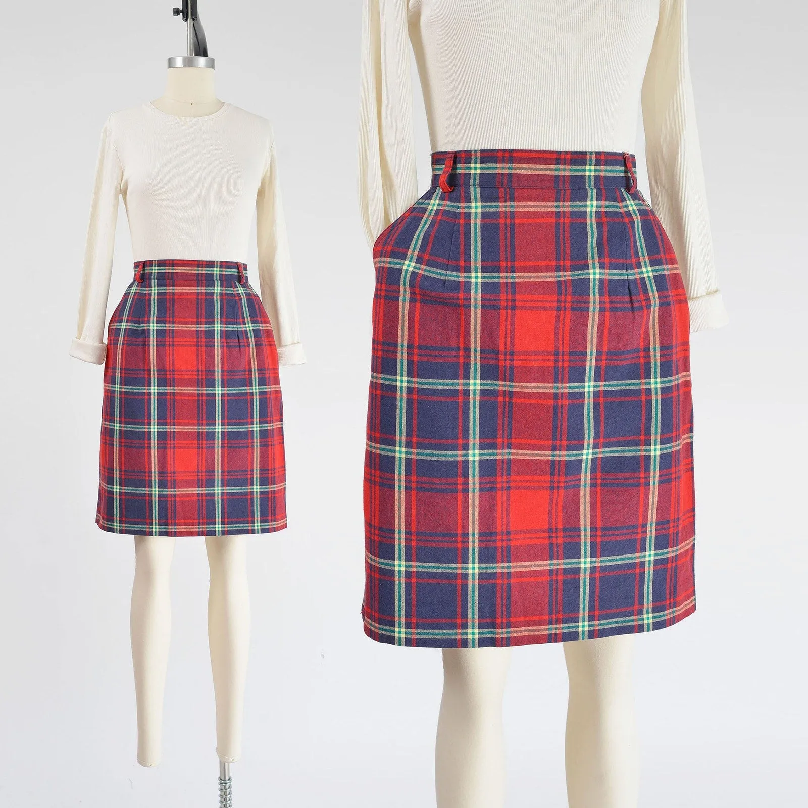 Vintage 90s Plaid High Waist Preppy Cotton Pencil Skirt with Pockets size Small