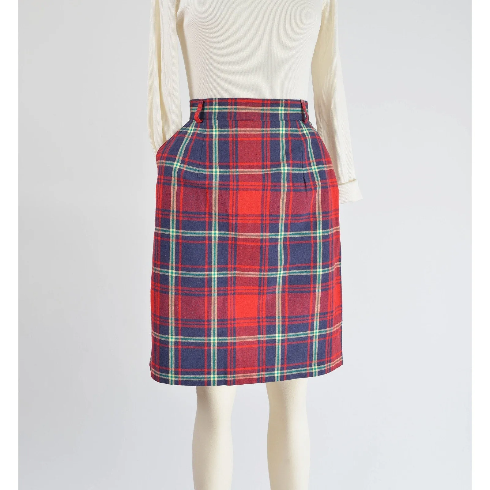 Vintage 90s Plaid High Waist Preppy Cotton Pencil Skirt with Pockets size Small