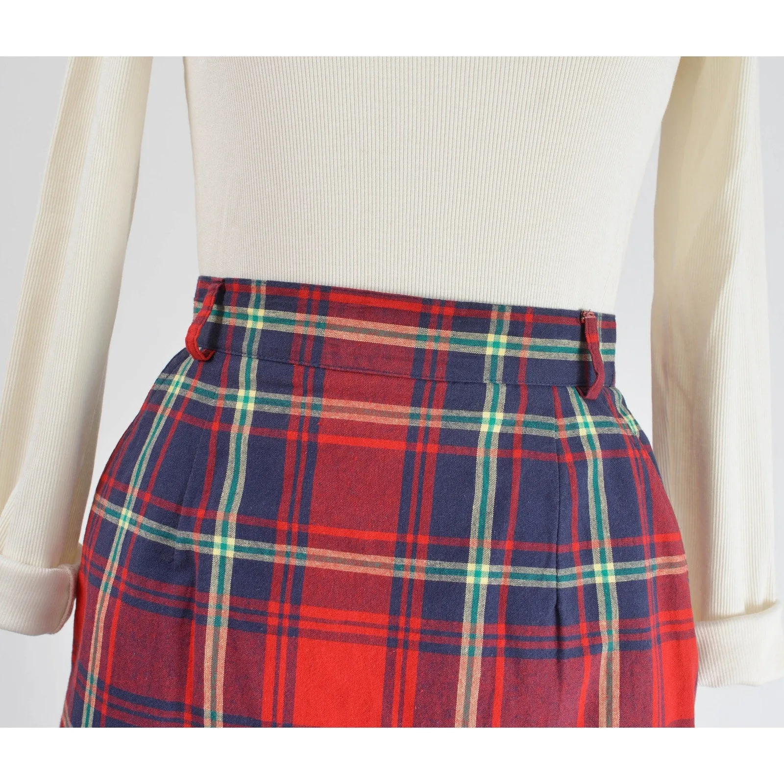 Vintage 90s Plaid High Waist Preppy Cotton Pencil Skirt with Pockets size Small