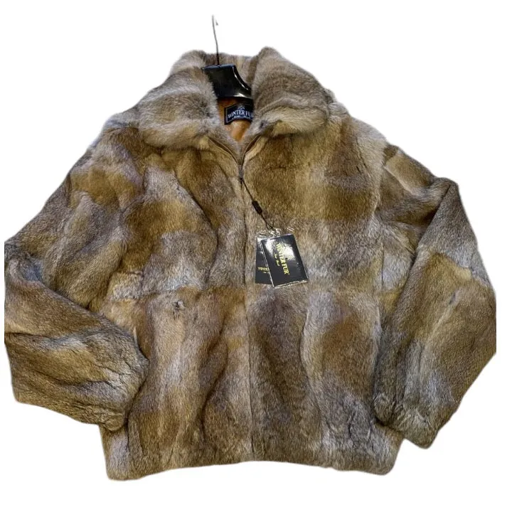 Whisky Khaki Fur Coat Men's Rabbit Fur Hooded Bomber Jacket for Men by Winter Fur