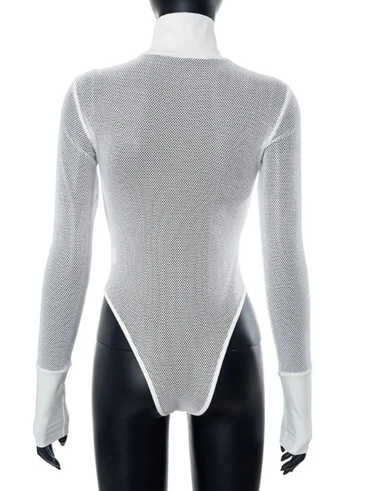 White Mesh Sexy Turtleneck Bodysuit