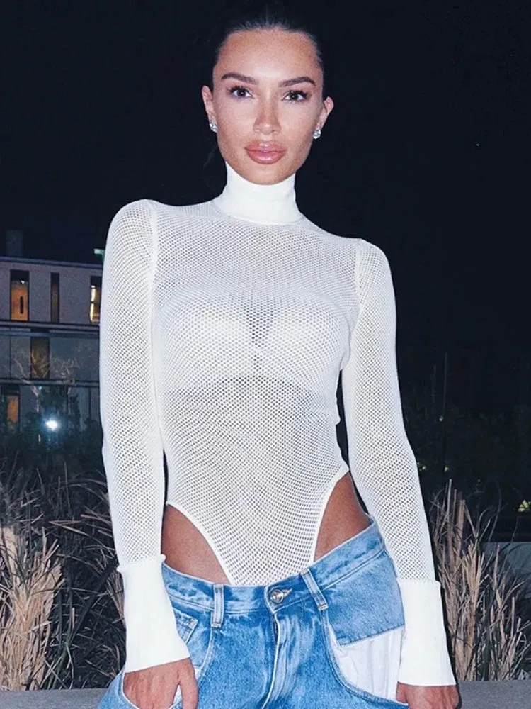 White Mesh Sexy Turtleneck Bodysuit