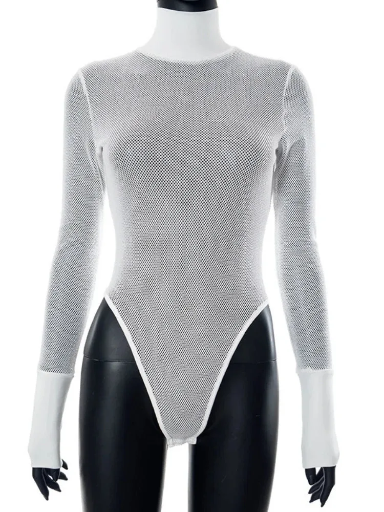 White Mesh Sexy Turtleneck Bodysuit