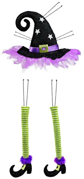 Witch Hat & Legs Wreath Accent: Black, Purple, Lime Green Stripe