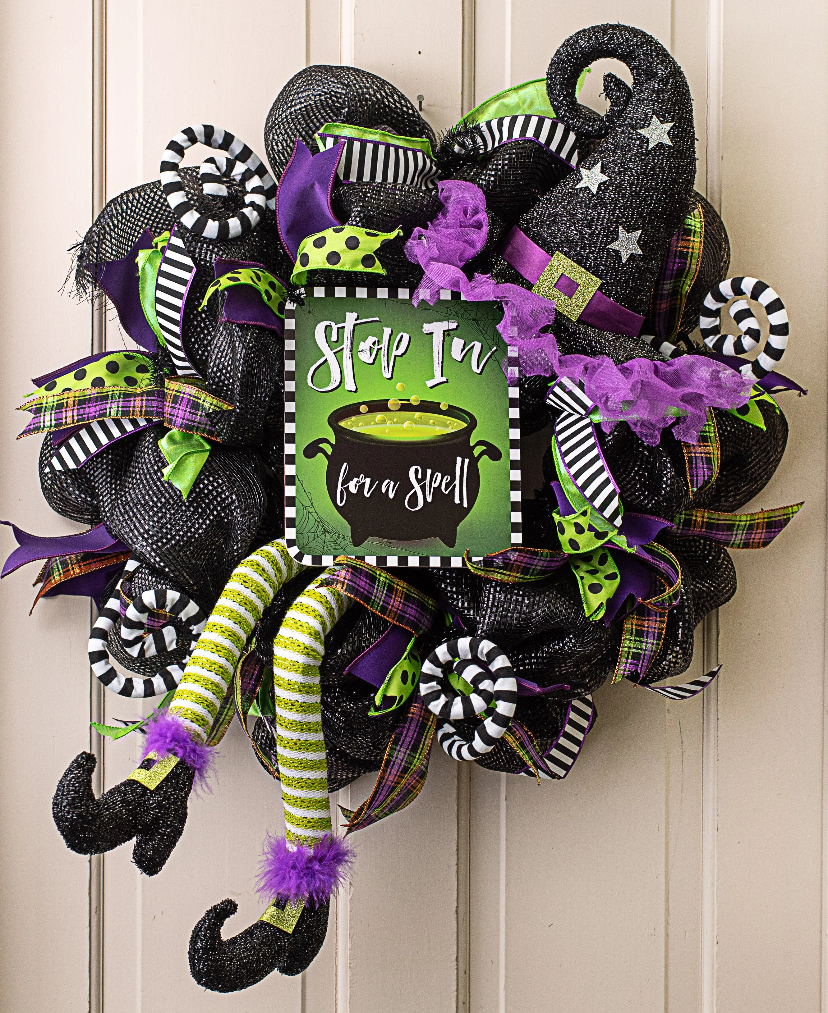 Witch Hat & Legs Wreath Accent: Black, Purple, Lime Green Stripe