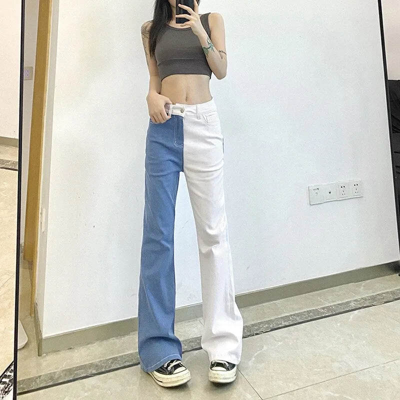 Women flared Pants Jeans Fashion Patchwork Contrast Color Palm Pattern High Waist Denim Trouser Lady Cotton Denim Boot Cut Pants