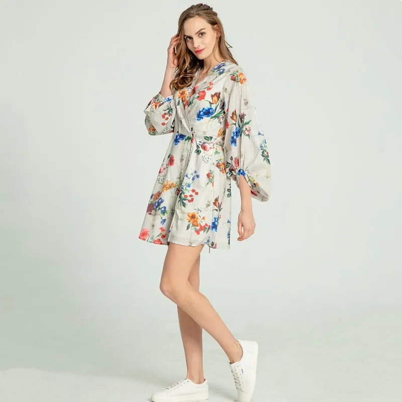 Women Summer High Street Three Quarter Lantern Sleeve Empire A-Line Knee-Length Floral V-Neck Women Dresses - WD8197