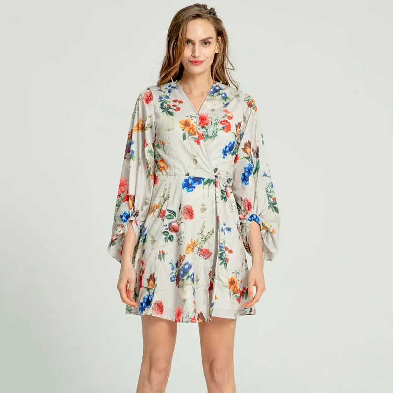 Women Summer High Street Three Quarter Lantern Sleeve Empire A-Line Knee-Length Floral V-Neck Women Dresses - WD8197