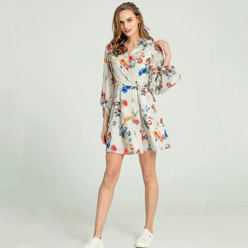 Women Summer High Street Three Quarter Lantern Sleeve Empire A-Line Knee-Length Floral V-Neck Women Dresses - WD8197