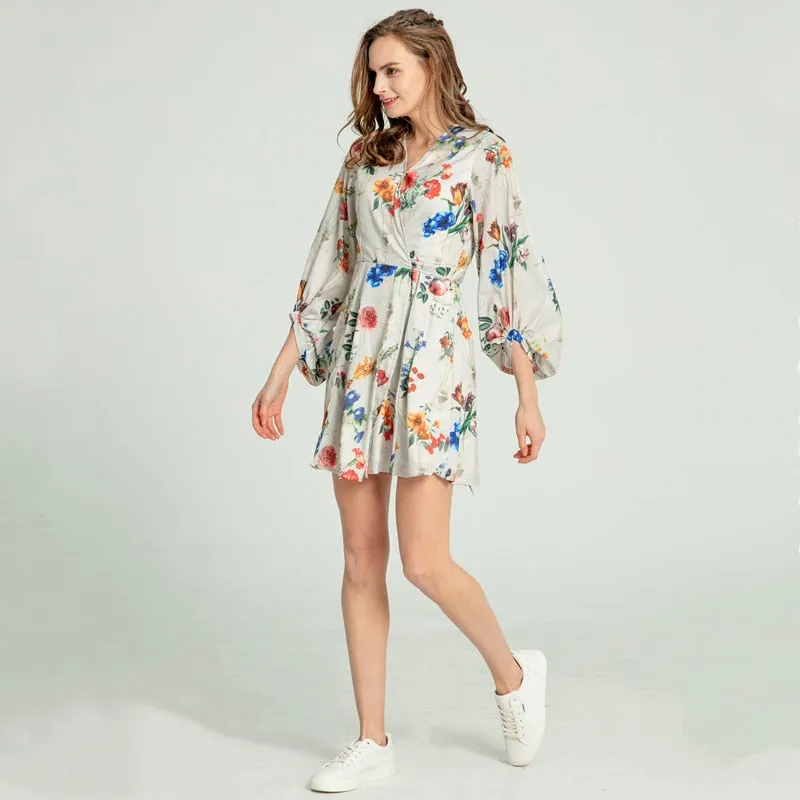 Women Summer High Street Three Quarter Lantern Sleeve Empire A-Line Knee-Length Floral V-Neck Women Dresses - WD8197