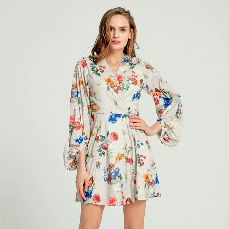 Women Summer High Street Three Quarter Lantern Sleeve Empire A-Line Knee-Length Floral V-Neck Women Dresses - WD8197