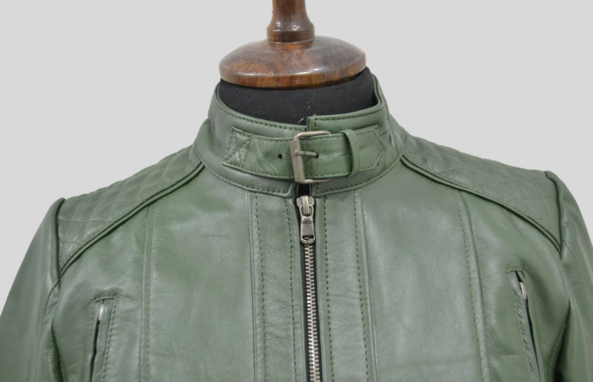 Women's Green Quilted Belted Collar Cafe Racer Leather Jacket