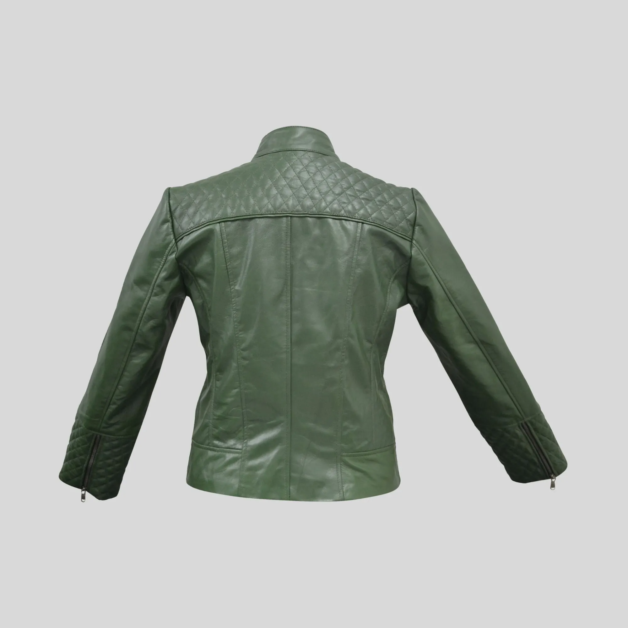 Women's Green Quilted Belted Collar Cafe Racer Leather Jacket