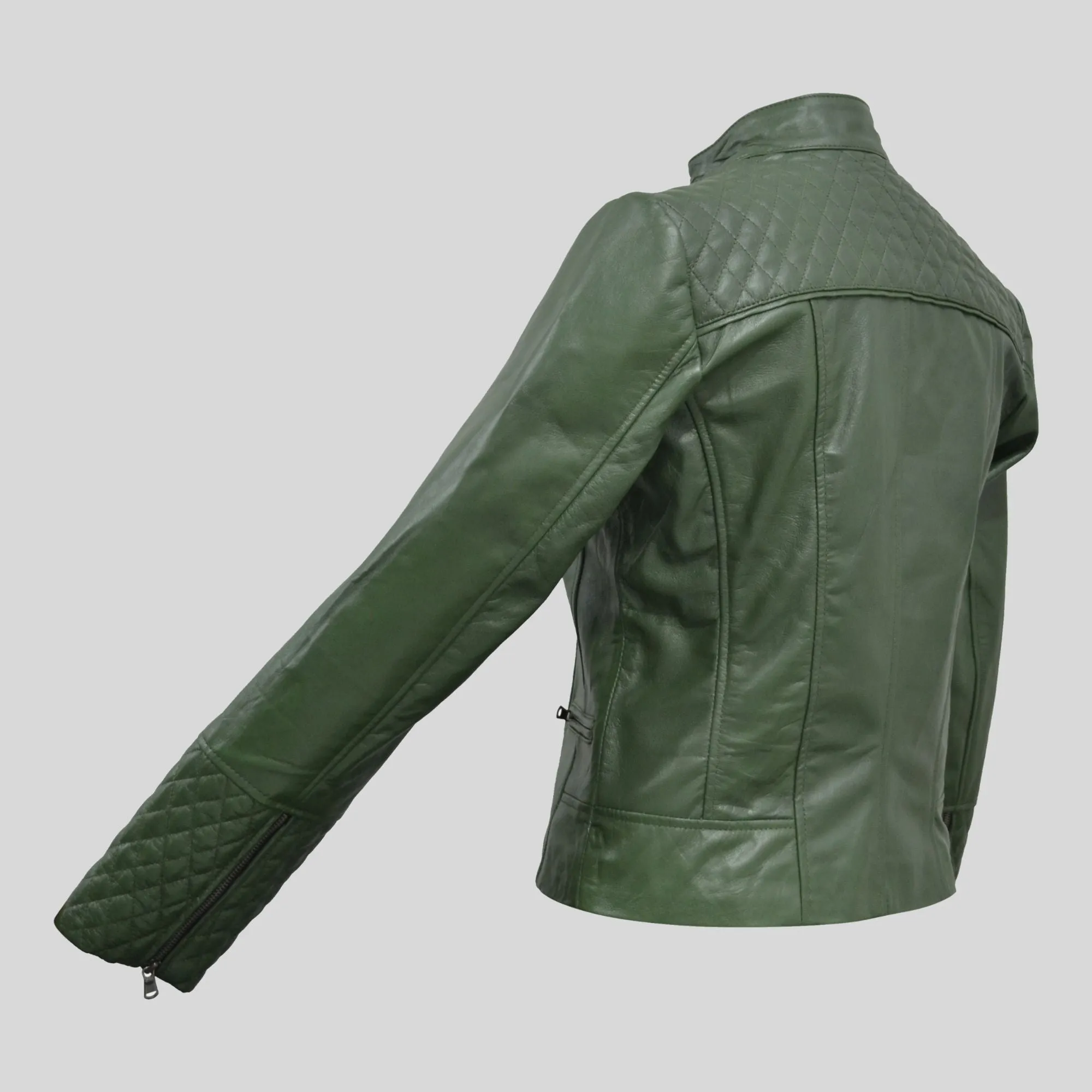 Women's Green Quilted Belted Collar Cafe Racer Leather Jacket