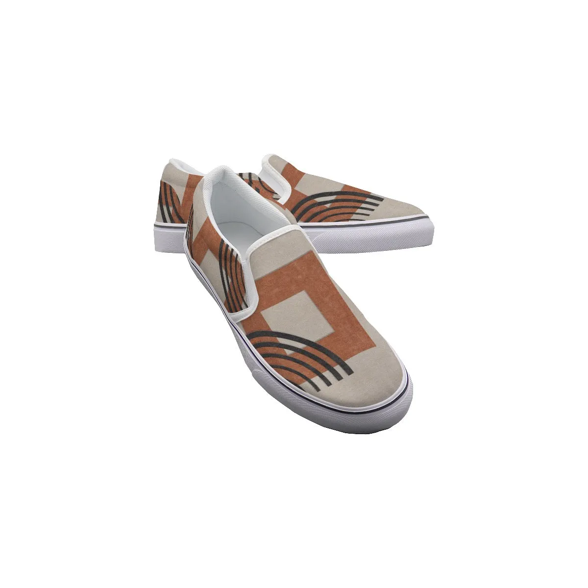 Women's Slip On Sneakers 112 beige, and rust abstract print