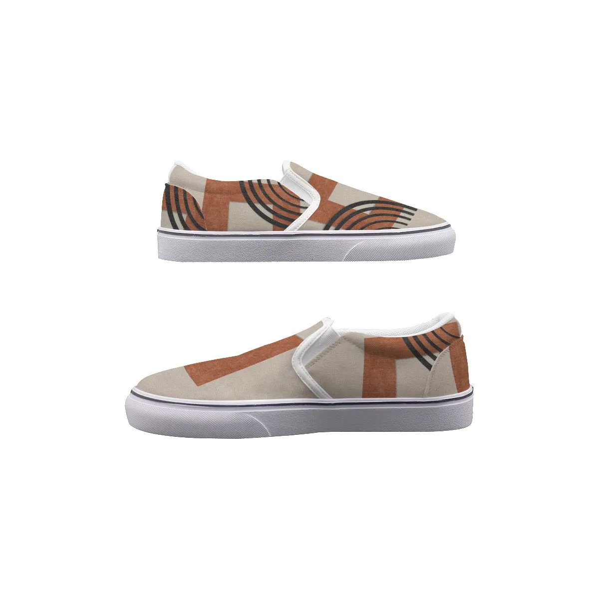 Women's Slip On Sneakers 112 beige, and rust abstract print