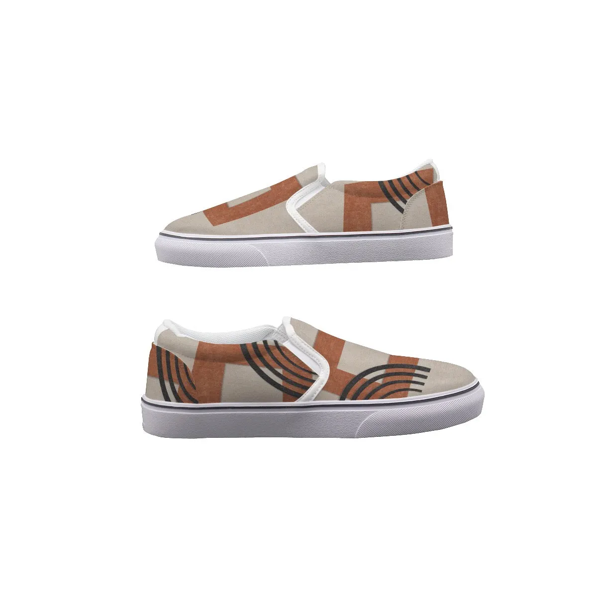 Women's Slip On Sneakers 112 beige, and rust abstract print