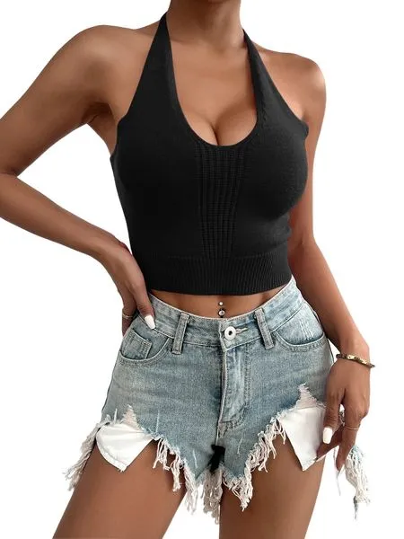 Women's Tie Neck Short V  Neck Tank Top H7E8CHD2Z9