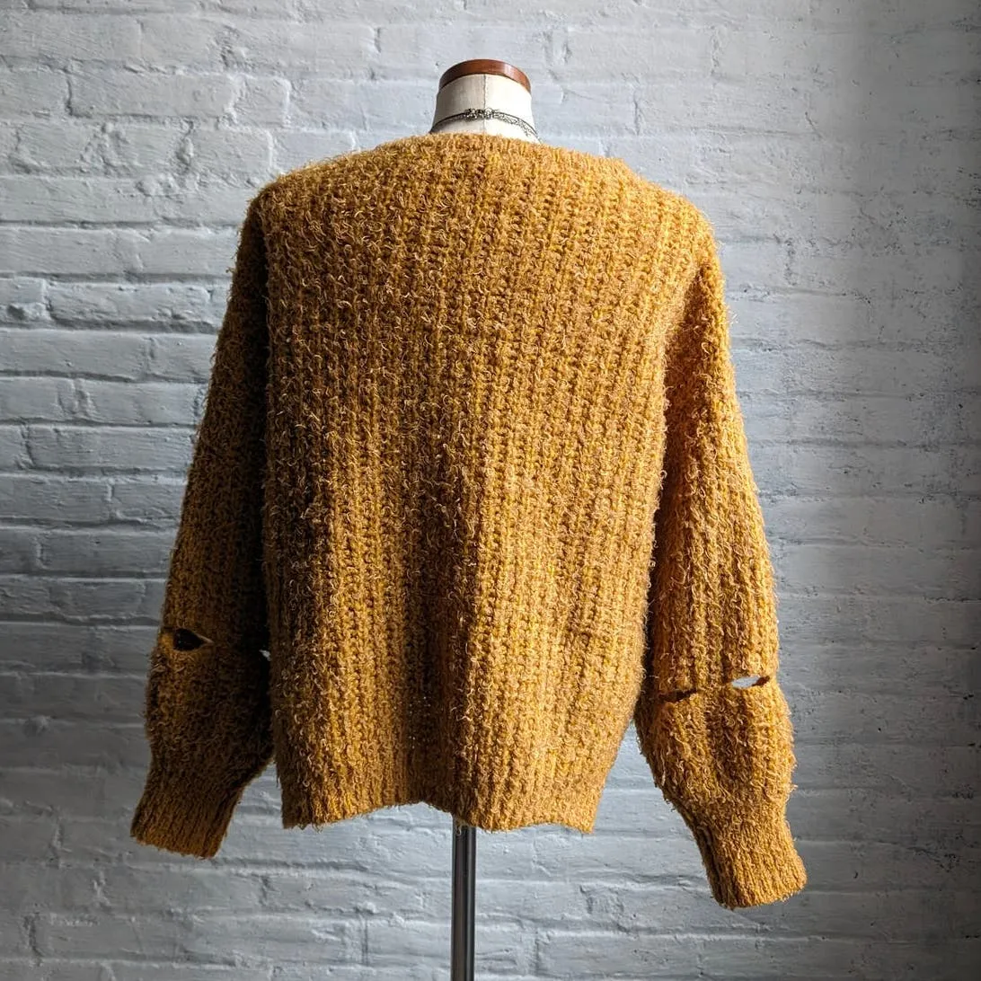 Y2K Fuzzy Shag Sweater Retro Mustard Yellow Minimalist Furry Grunge Cut Out Top