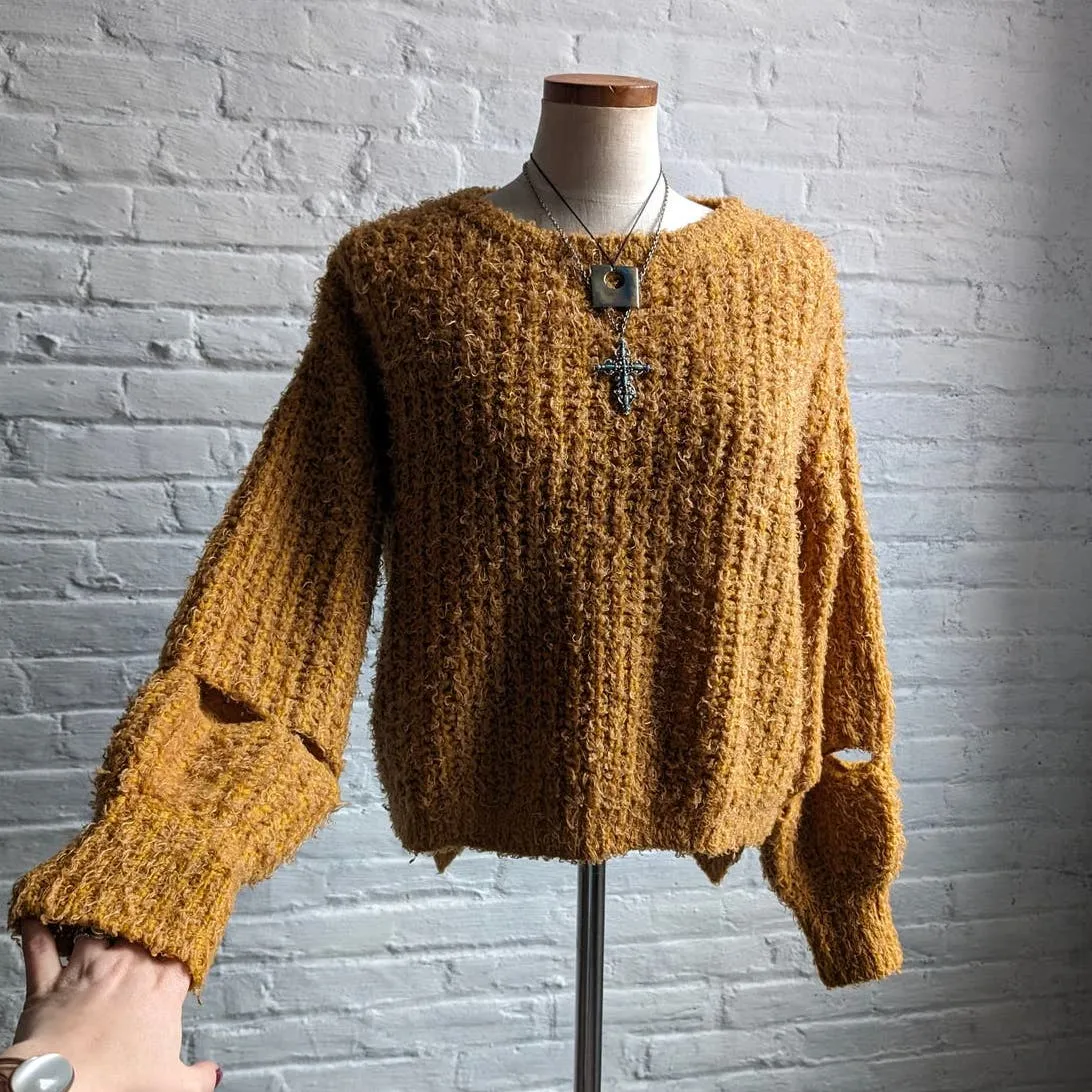 Y2K Fuzzy Shag Sweater Retro Mustard Yellow Minimalist Furry Grunge Cut Out Top