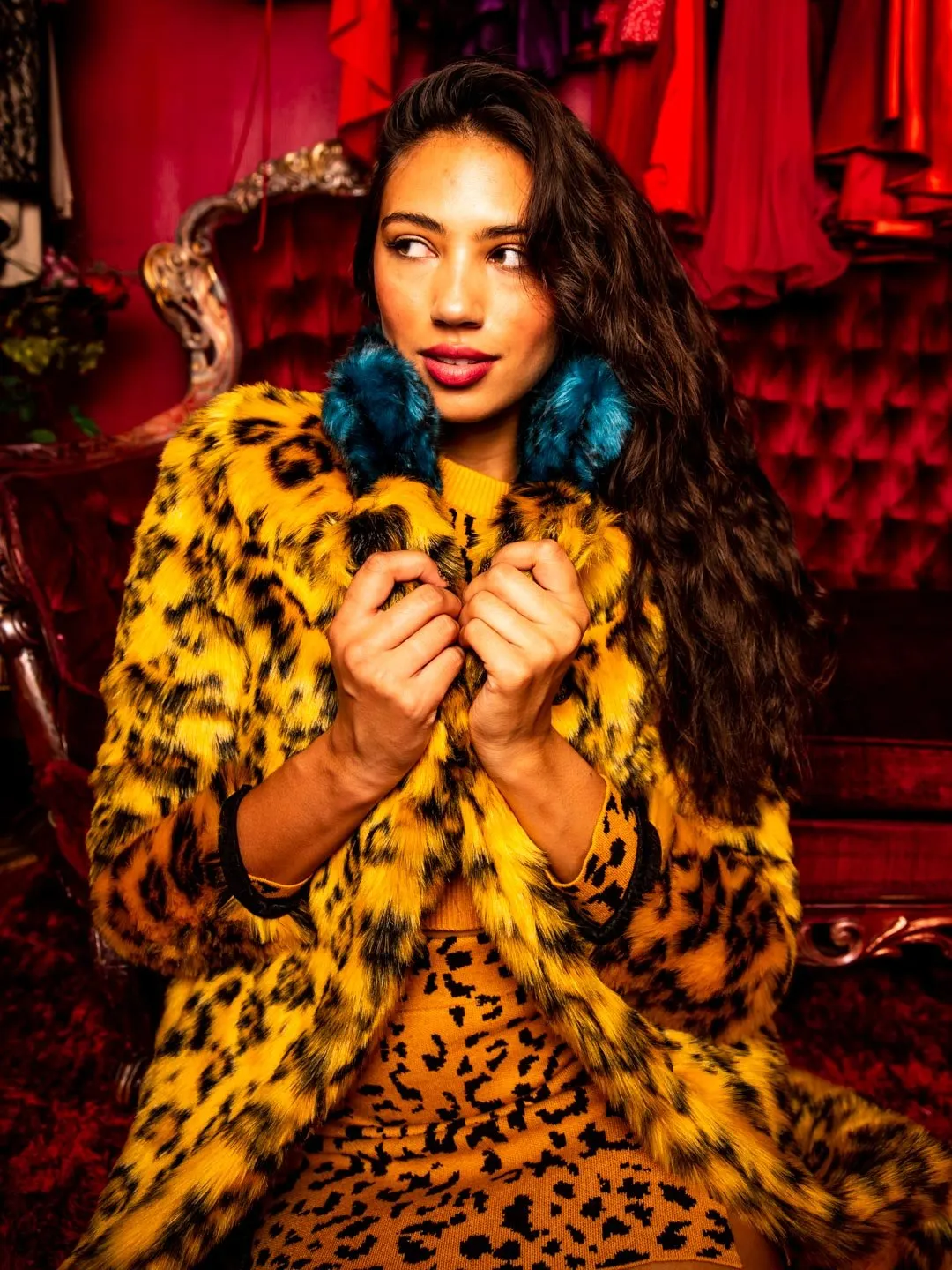 Yellow Cheetah Calf Length Faux Fur Coat | Women's