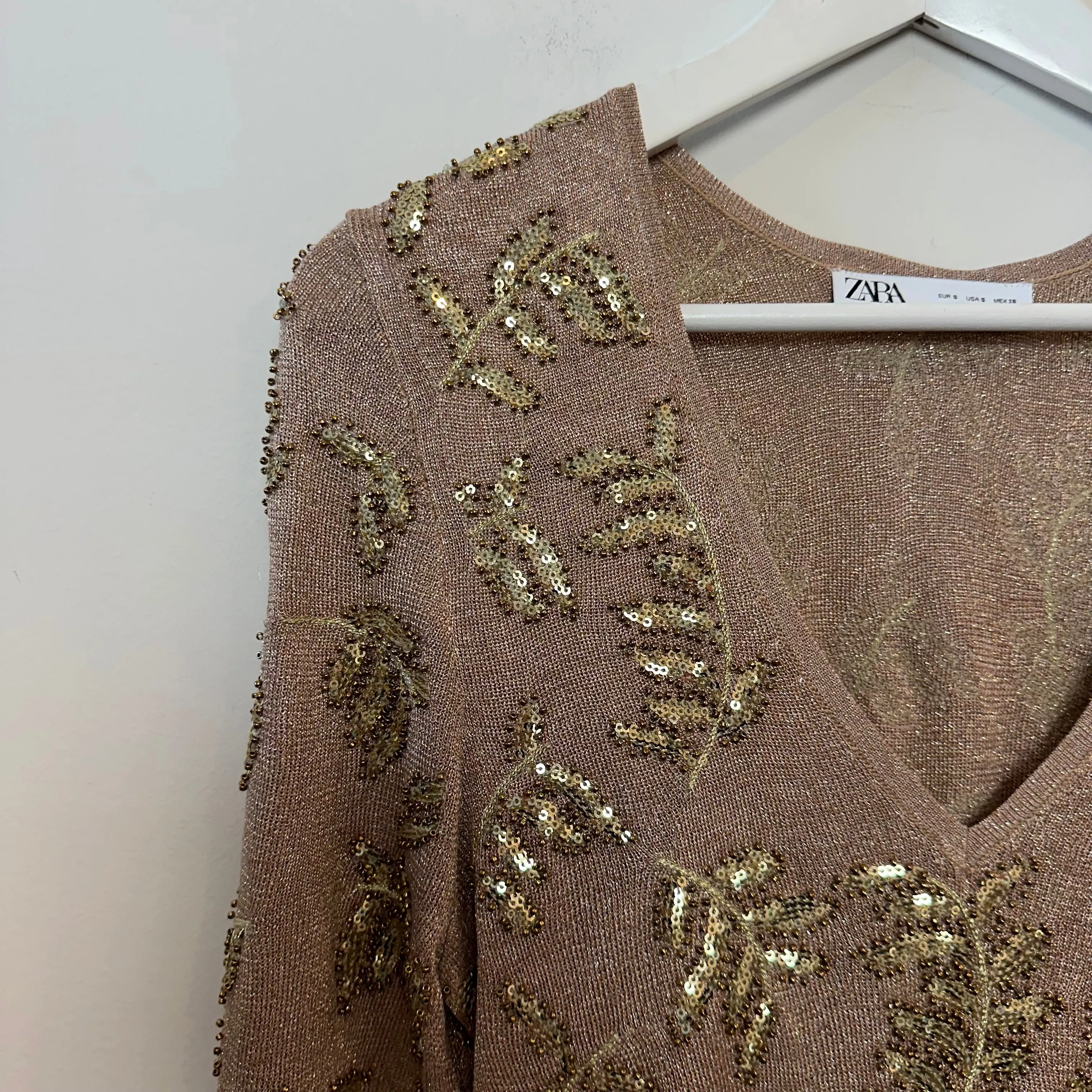 Zara Limited Edition Knit Mini Dress Gold Sequin Long Sleeve Knit Small